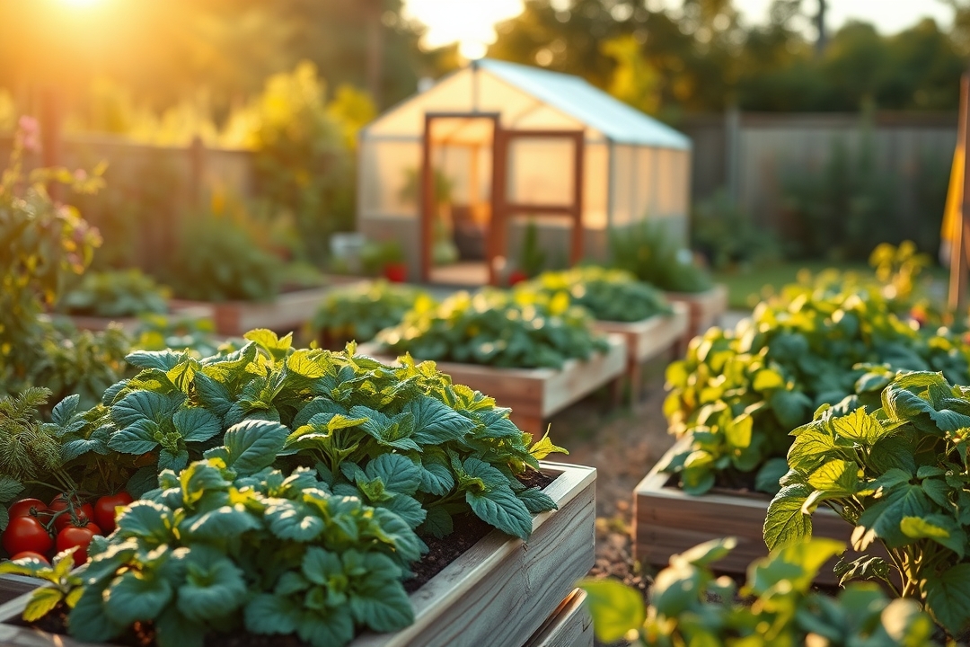 A backyard vegetable garden with raised beds and a greenhouse in golden morning light