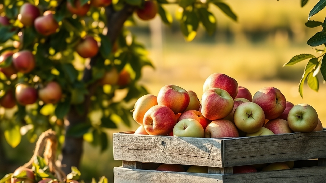 A wooden crate of red and green apples in golden September light beside a tree with fruit on the branches, honest backyard orchard scene