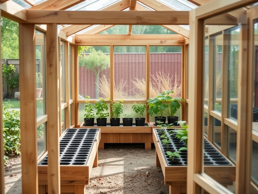 Inside a small DIY backyard greenhouse with timber framing and seedling trays in soft daylight
