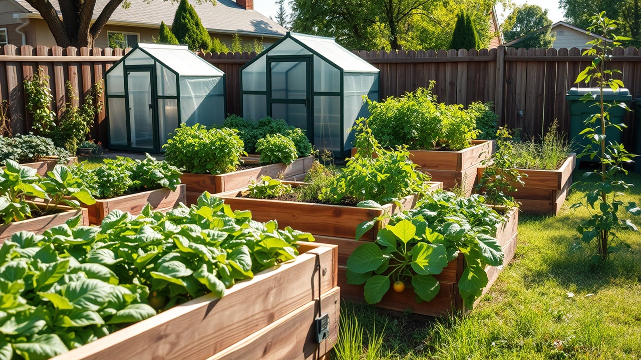 A thriving suburban backyard food garden with wooden raised beds and a small greenhouse