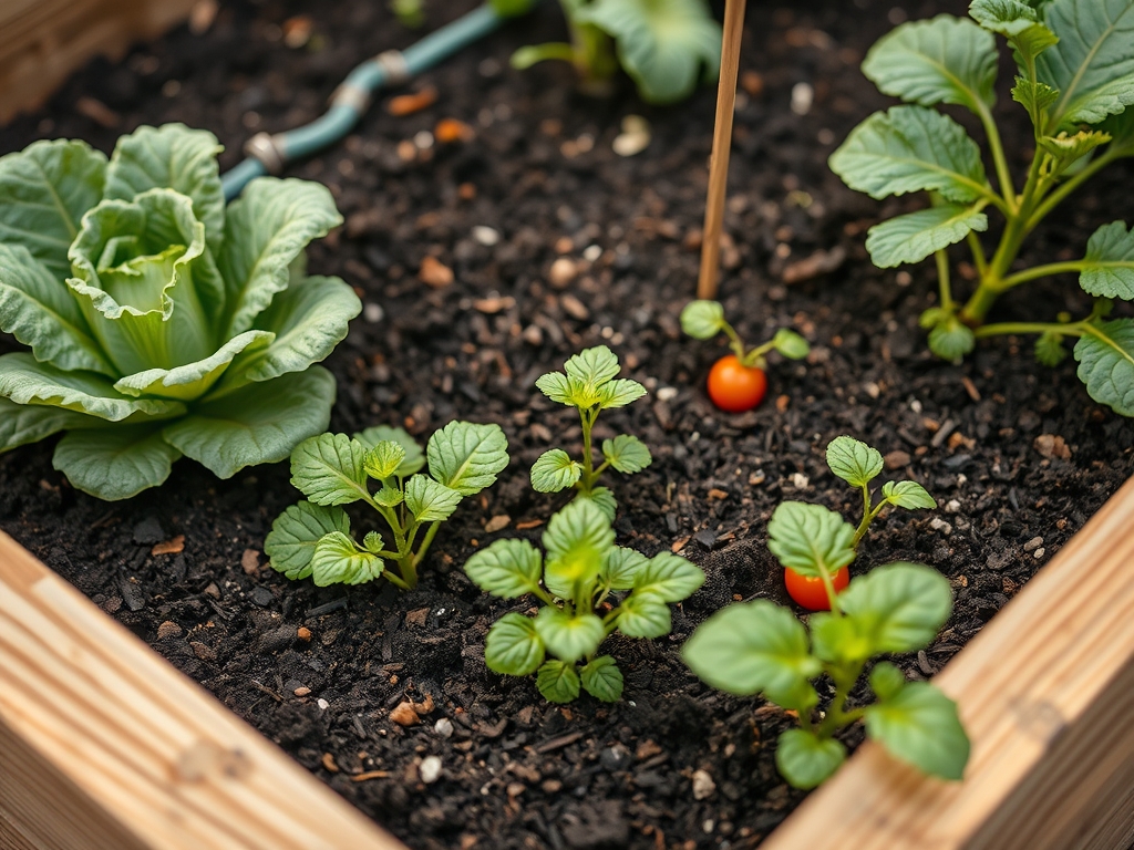 Close-up of leafy greens and seedlings growing in a wooden raised garden bed with rich dark soil