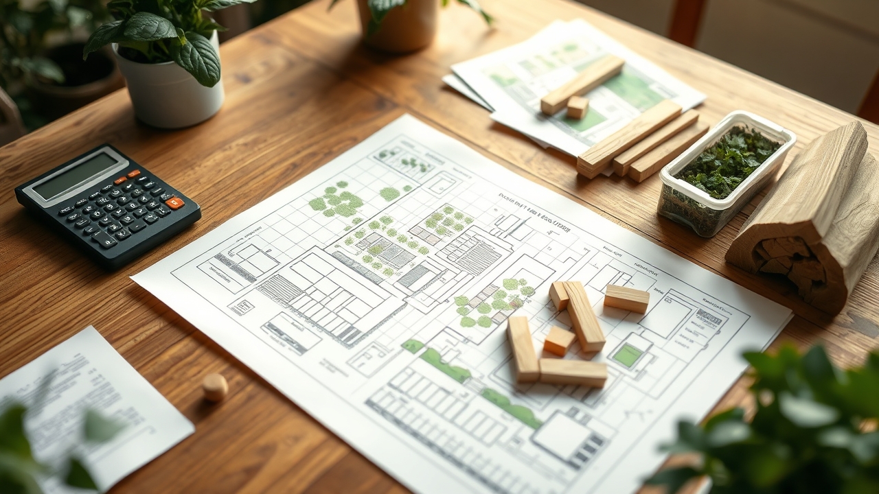 A wooden table with a printed garden blueprint, a calculator, lumber pieces and seed packets — planning a backyard food system