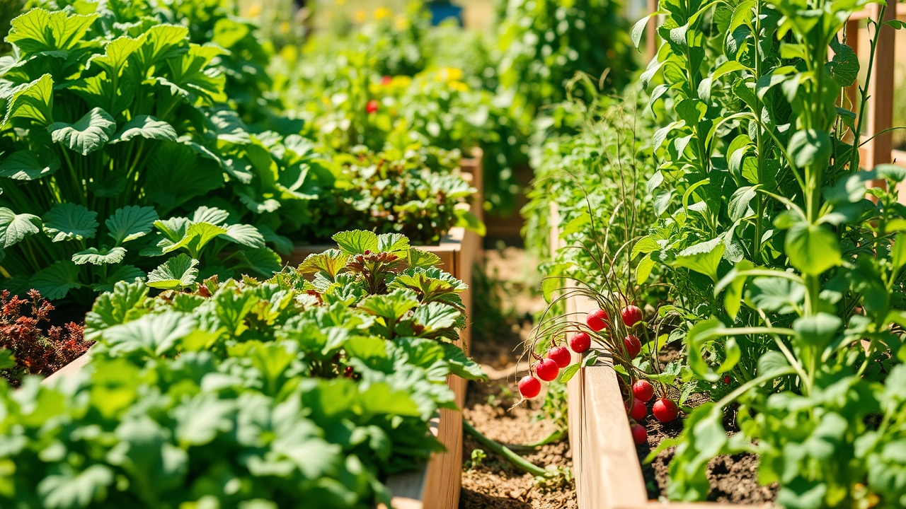 A summer vegetable garden with fast-growing leafy greens, radishes, and beans in raised beds, bright daylight