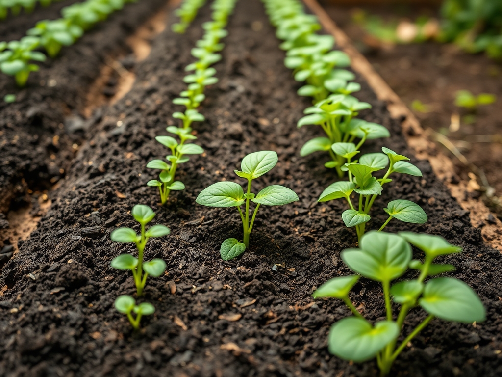 Rows of young fast-growing vegetable seedlings at different stages from succession planting in a raised bed