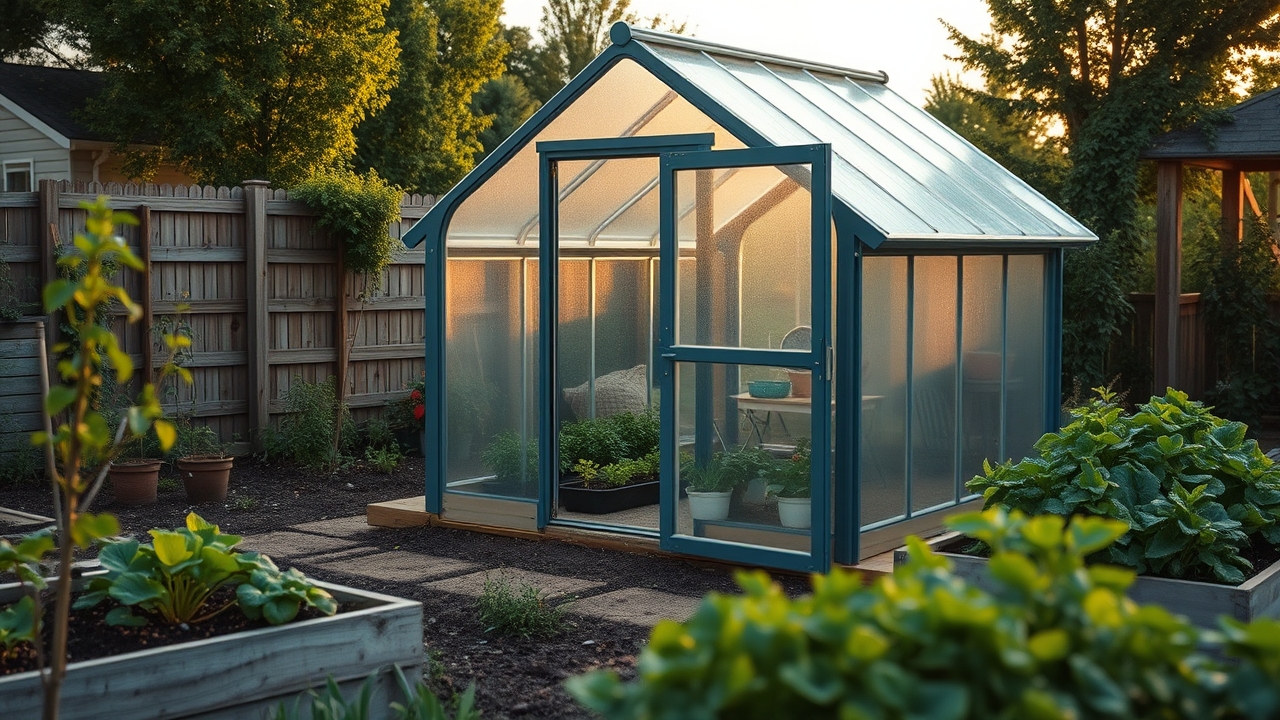 A small polycarbonate greenhouse with open door in a tidy backyard vegetable garden, warm late-summer evening light, honest realistic scale