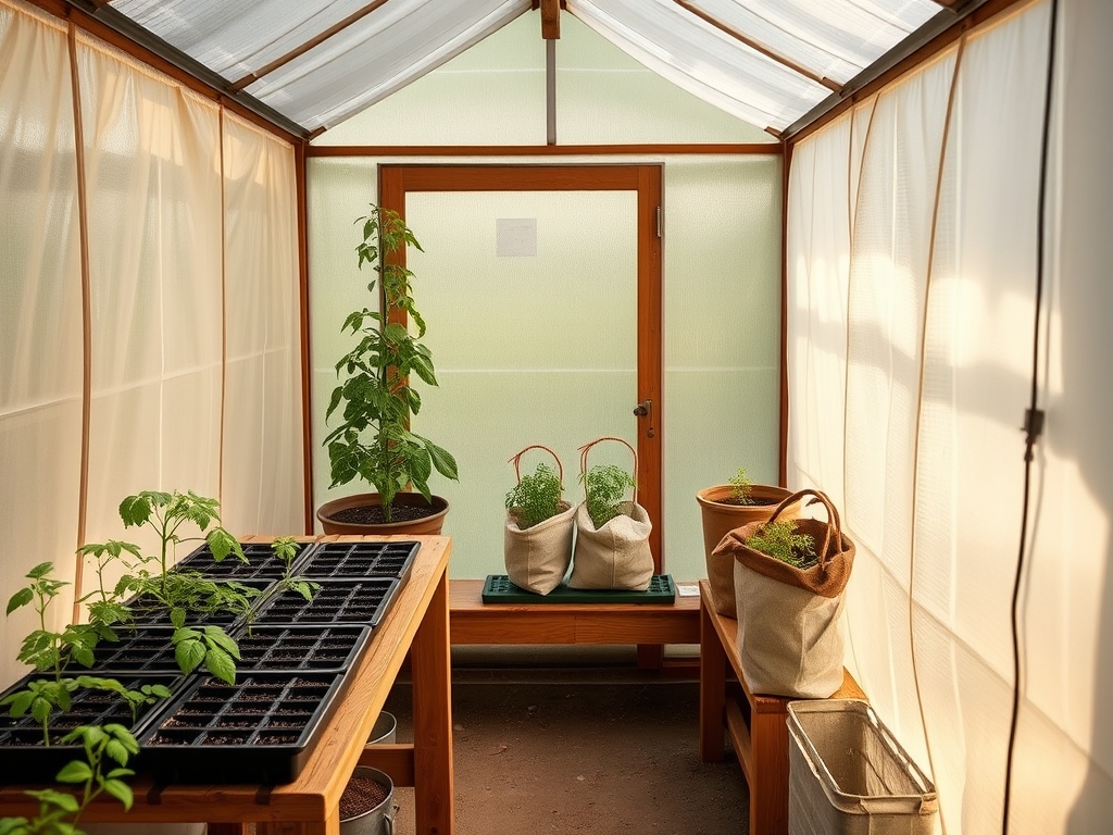Inside view of a small walk-in greenhouse with seed trays on a bench and tomato plants in grow bags, warm diffused light, honest working space