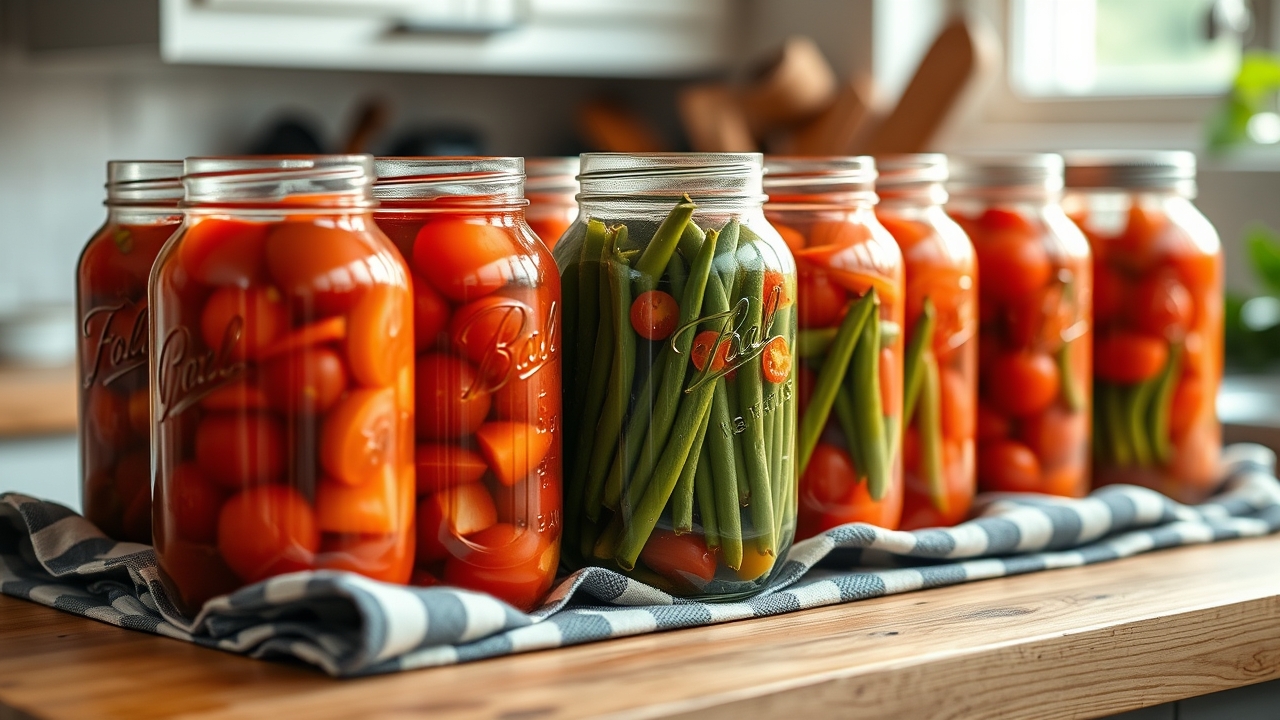 Rows of freshly canned jars of tomatoes and green beans cooling on a kitchen towel, warm home kitchen light