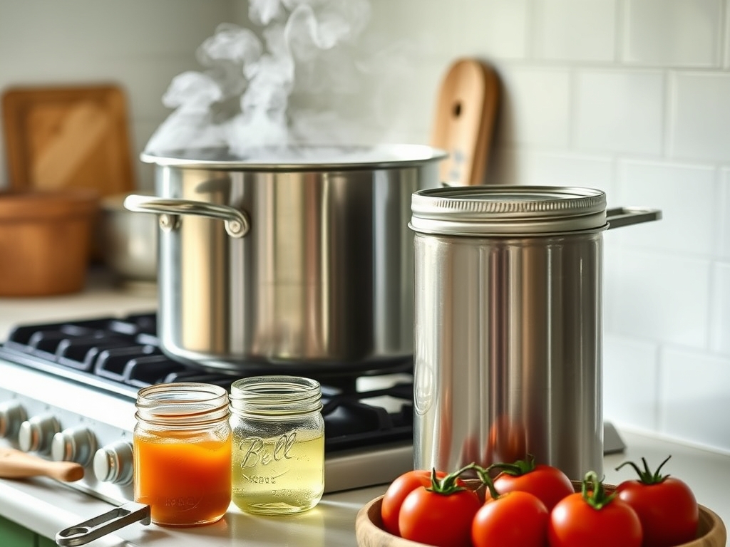 A beginner's water bath canning setup: a large pot on a stove, glass jars, jar lifter and fresh tomatoes on the counter