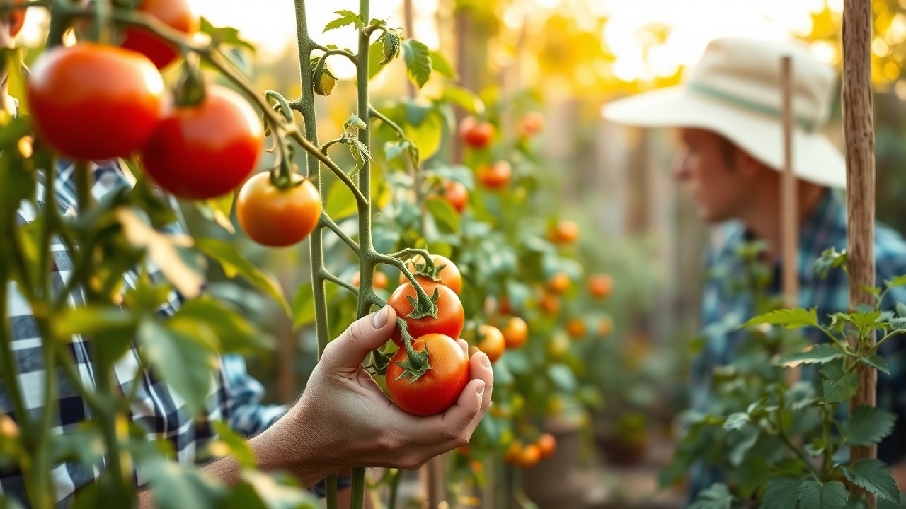 A gardener inspecting ripe and green tomatoes on a healthy staked tomato plant in a summer garden
