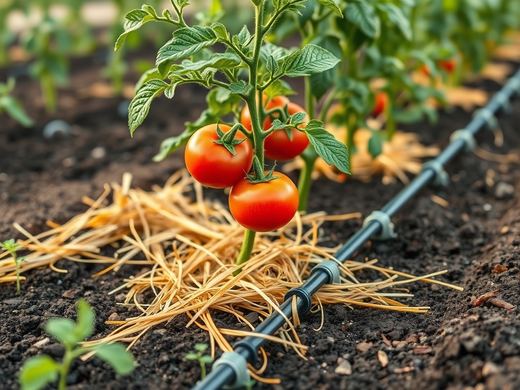 Tomato plants with straw mulch and a drip line at the base, evenly watered in a tidy summer garden bed