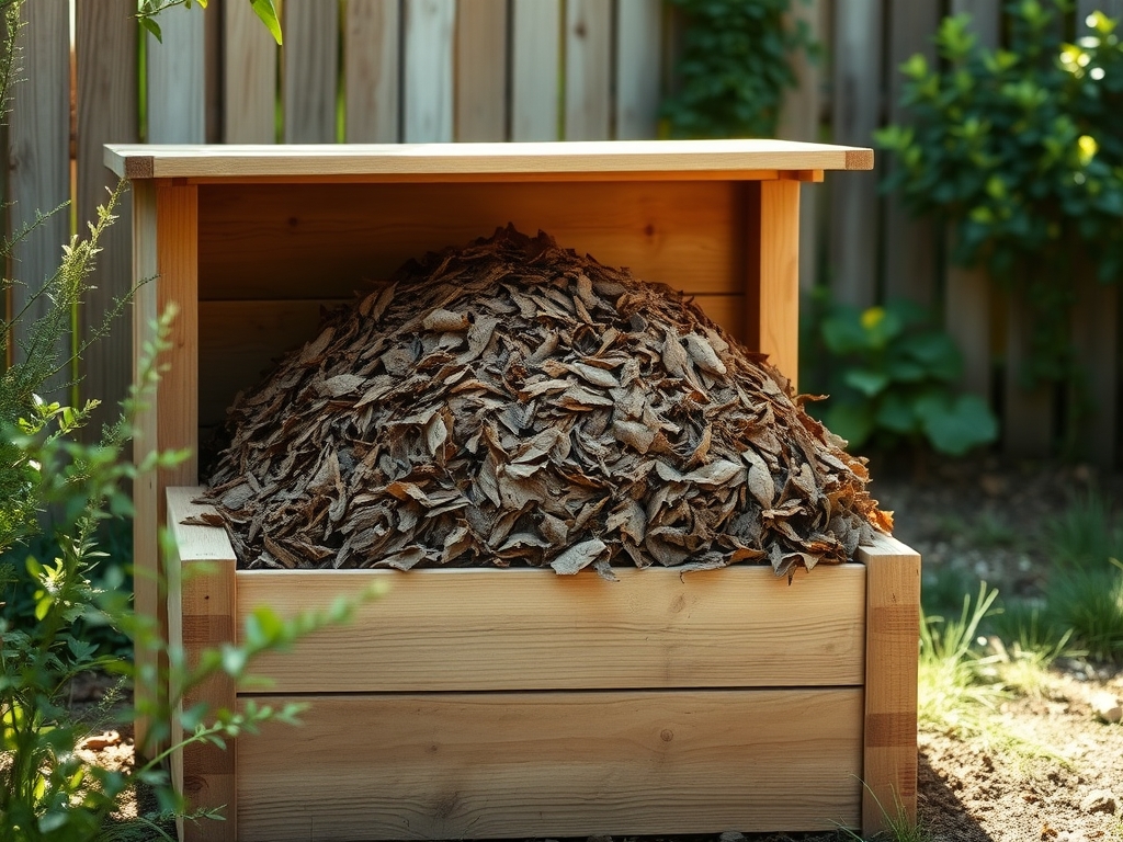 A tidy enclosed compost bin with a layer of dry brown leaves on top, secure and rodent-resistant, backyard setting