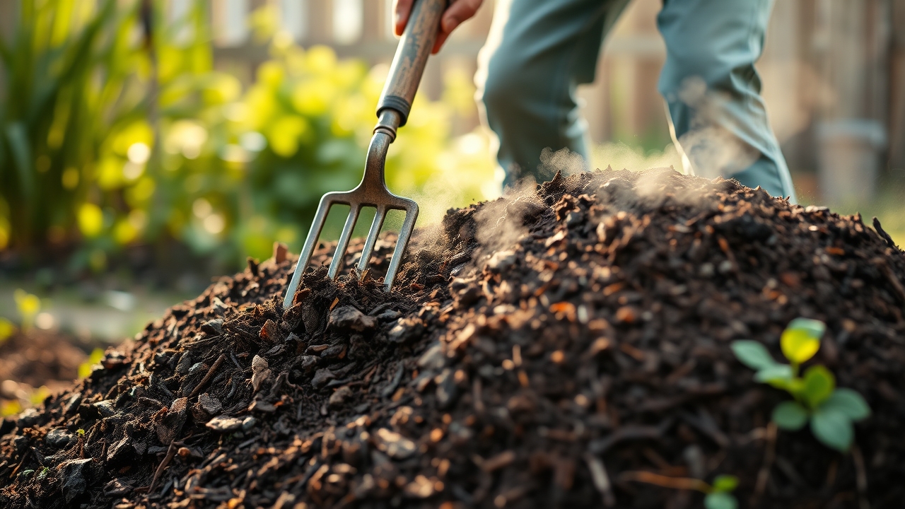 A gardener turning a compost pile with a garden fork, steam rising slightly, healthy working compost, morning light