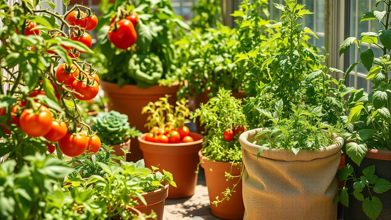 A sunny patio container vegetable garden with tomatoes, peppers, herbs and salad greens growing in a variety of pots