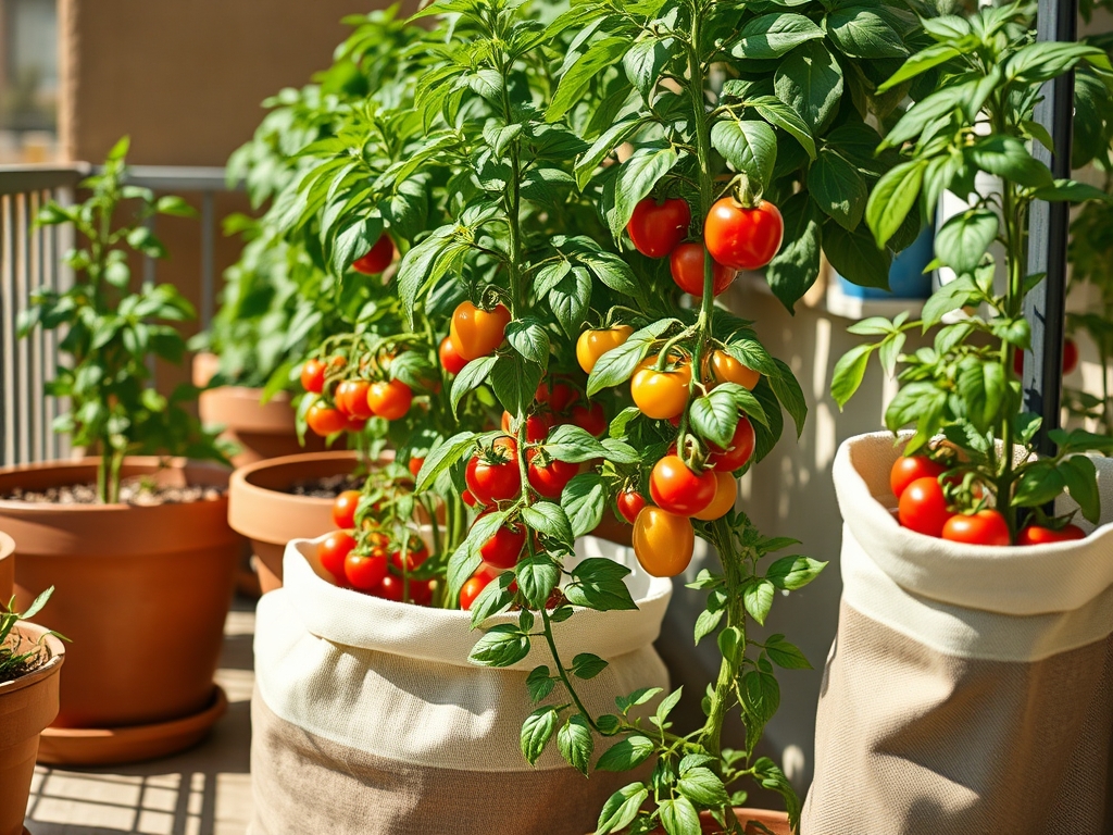 Healthy tomato and pepper plants growing in large pots and fabric grow bags on a sunny balcony