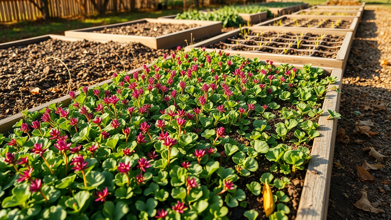 A garden bed lush with green crimson clover cover crop in soft autumn light, with empty harvested beds beside it