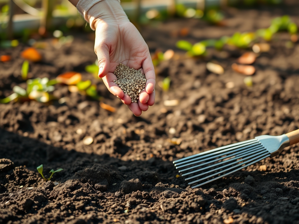 Hands broadcasting cover crop seed over a freshly raked empty garden bed in early autumn
