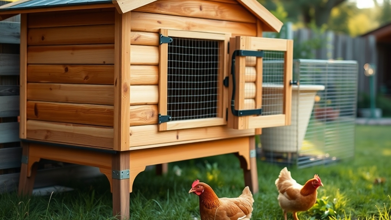 A tidy budget backyard chicken coop built from lumber with an attached wire run, hens pecking in the grass, honest homestead scale, warm morning light