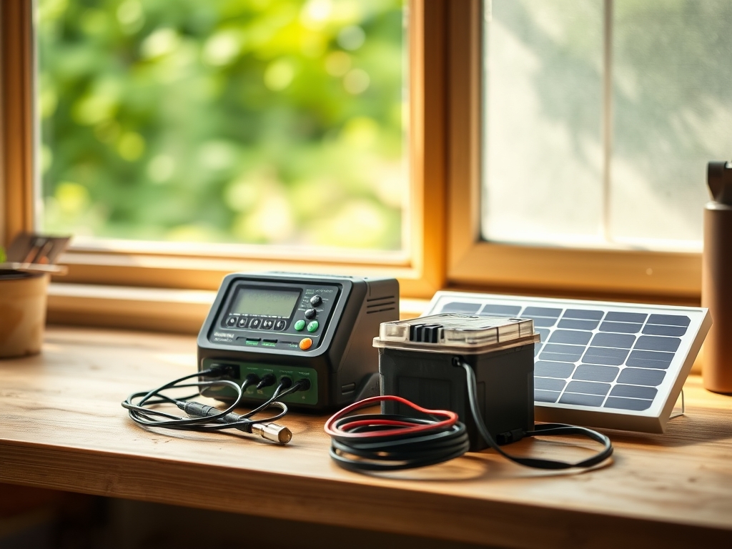 A small DIY home solar setup on a workbench with a charge controller, battery, cables and a portable panel