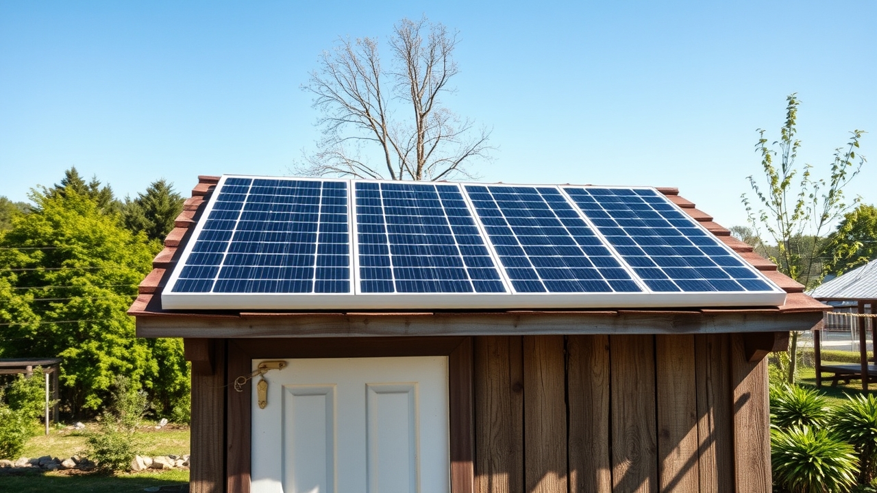 Small solar panels mounted on a homestead shed roof with a backyard garden behind in clear daylight