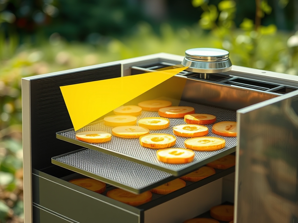 Cutaway diagram style view of a solar dehydrator showing sun hitting a black collector panel, warm air flowing up past screened trays of fruit and out a top vent, educational illustration