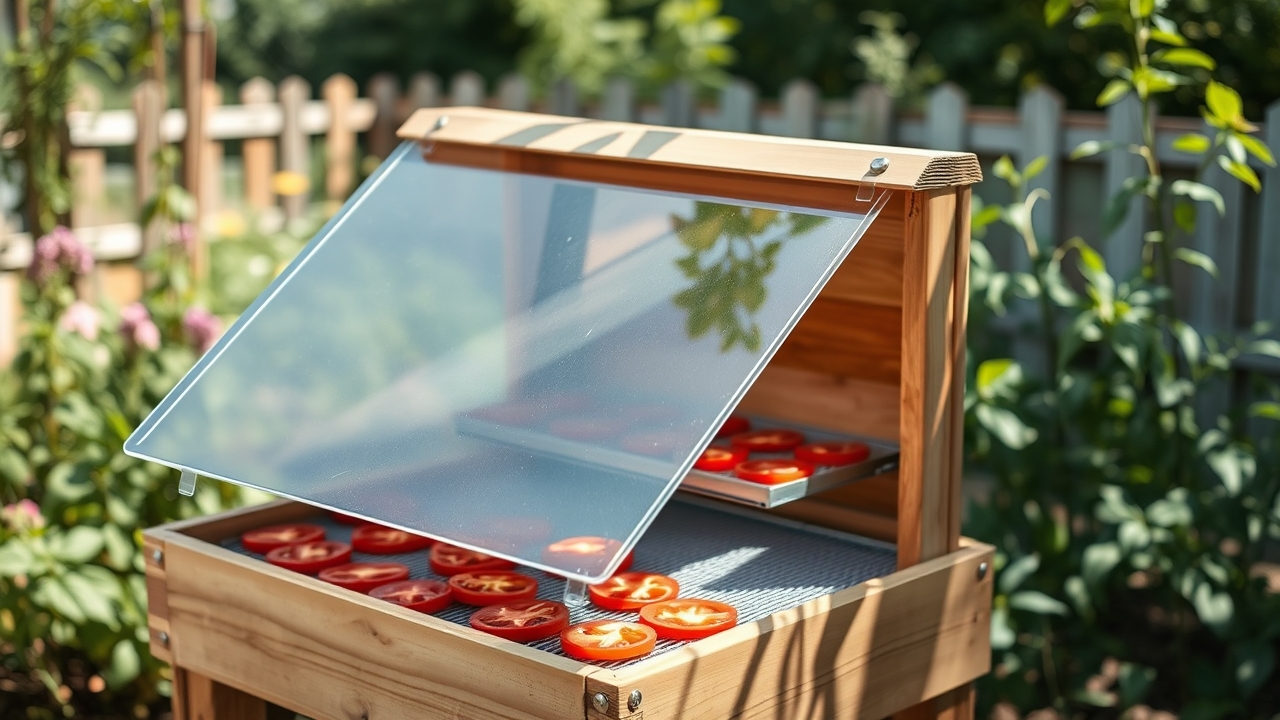 A wooden solar dehydrator with a slanted clear polycarbonate front and screened trays of sliced tomatoes, set up in a sunny backyard, rustic homestead build