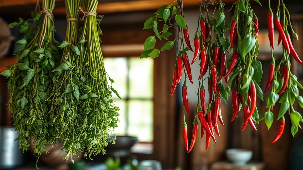 Bundles of herbs hanging upside down from a string in a rustic kitchen beside strings of red chili peppers drying, warm homestead scene