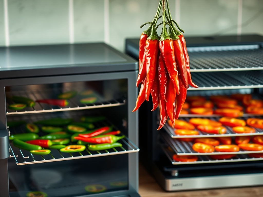 A string ristra of red cayenne peppers hanging beside a dehydrator with trays of sliced jalapenos, honest two-method scene