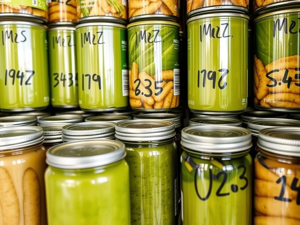 Close view of pantry shelf with canned goods arranged front to back, dates written large on lids in marker, first-in-first-out rotation, practical detail