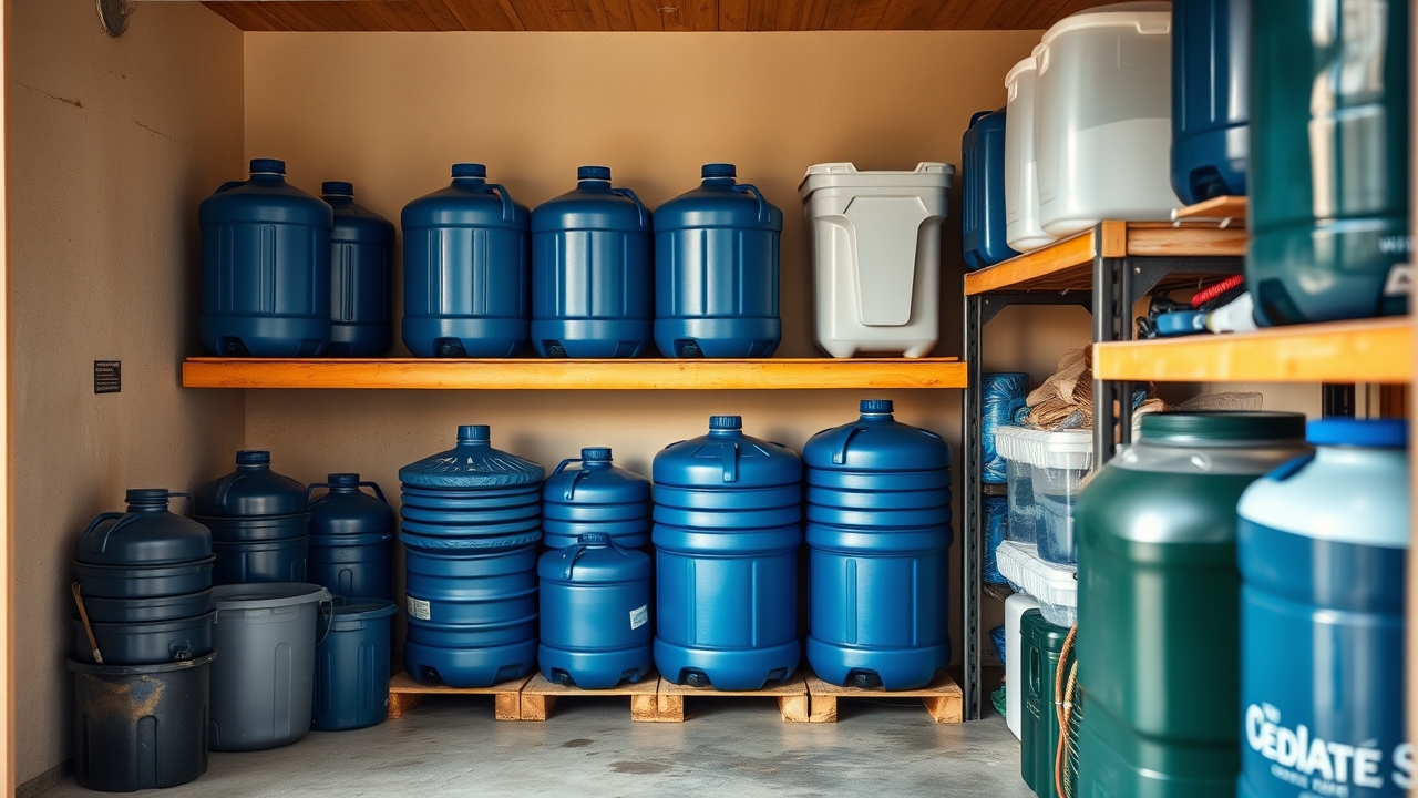 Neat home storage shelf with blue stackable water containers and a row of sealed water jugs in a garage corner, honest practical preparedness scene