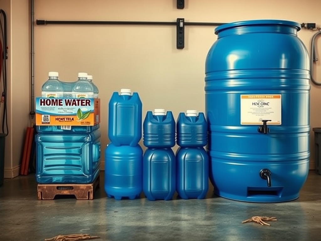 Comparison arrangement of water storage tiers - bottled water case, blue stackable jugs, and a large blue barrel with hand pump, garage setting, honest practical guide