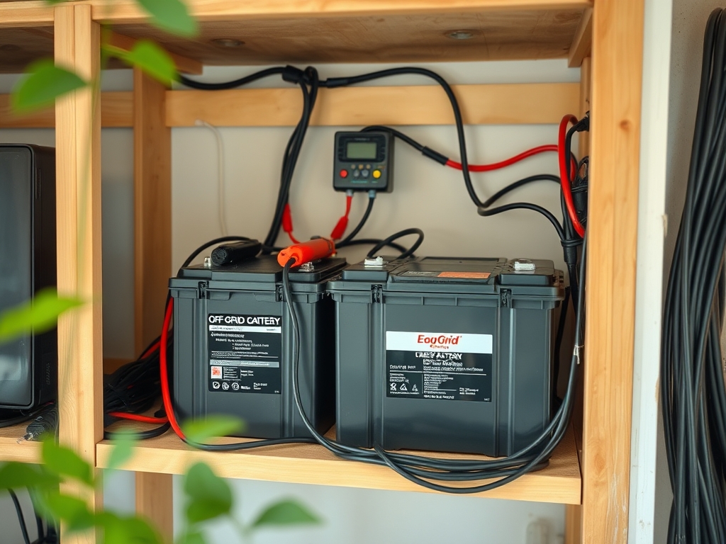 An off-grid battery bank of deep-cycle lead-acid batteries with a charge controller