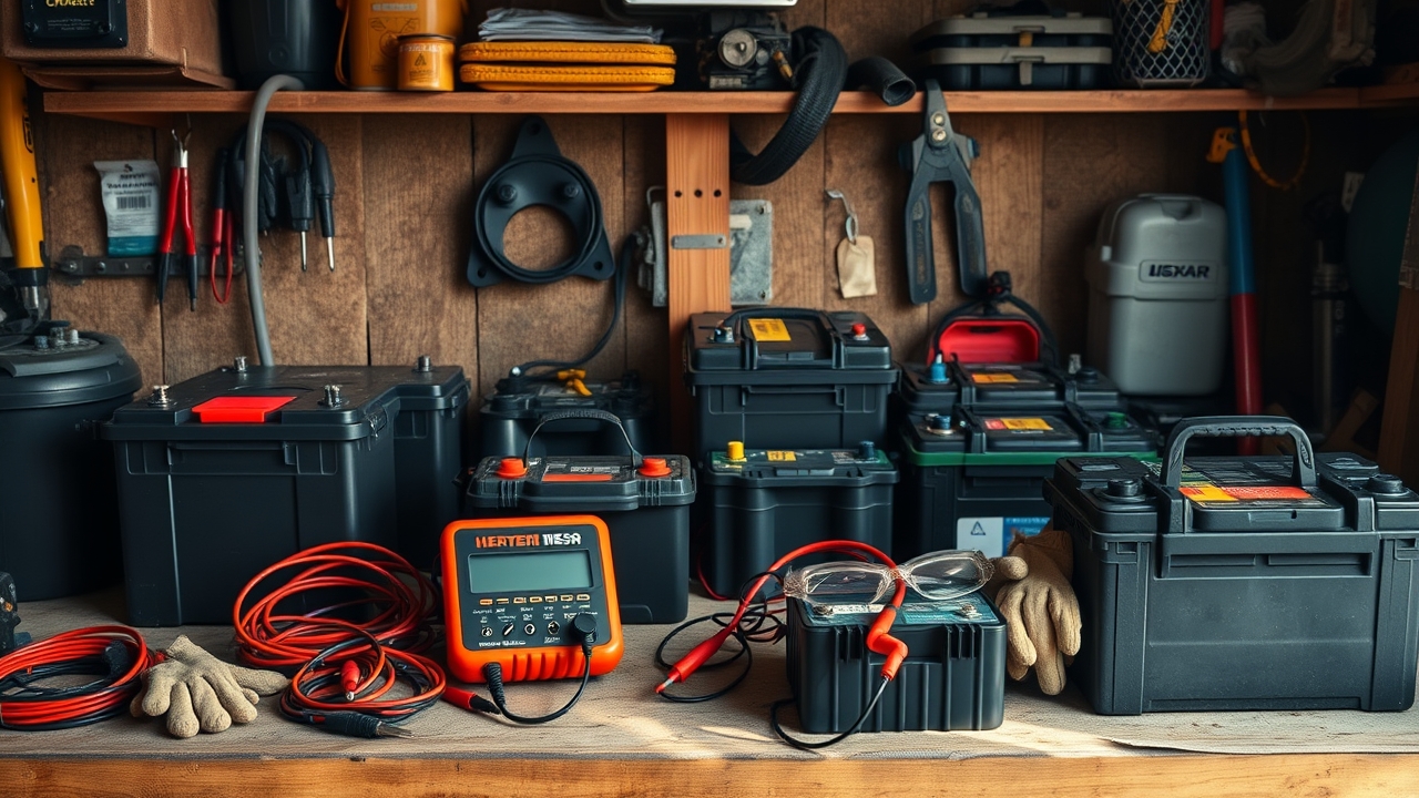 A garage workbench with car and deep-cycle batteries, multimeter and charger — the reconditioning working environment