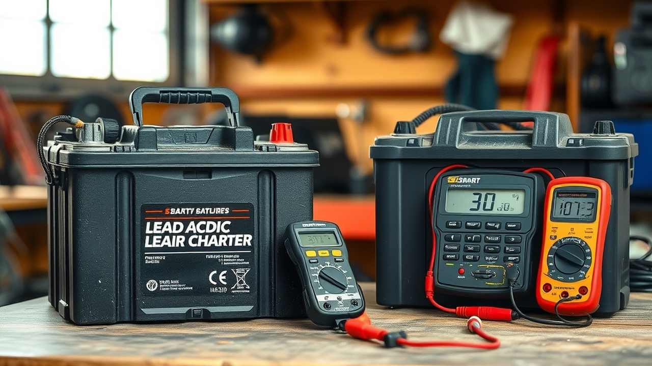 A garage workbench with an old lead-acid battery connected to a smart charger and multimeter beside a brand-new battery still with its label, honest side-by-side, workshop light