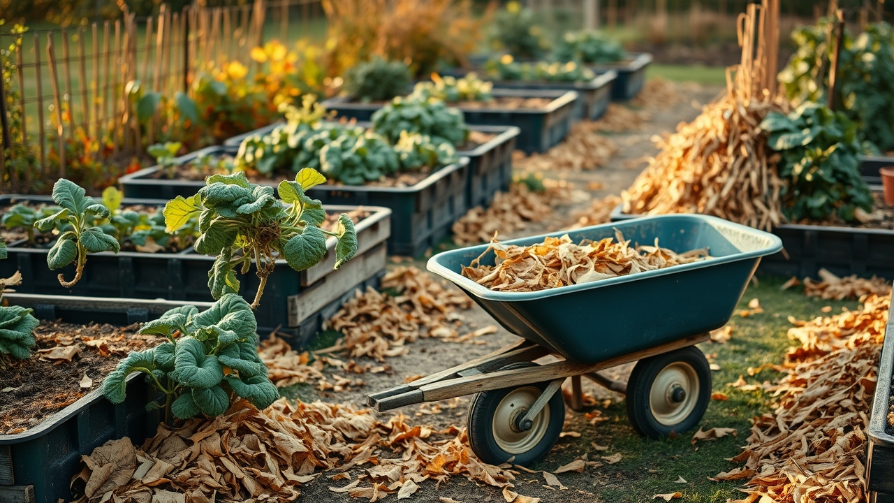 An autumn vegetable garden mid-cleanup with a wheelbarrow of spent plants, beds partly covered in shredded leaves, warm golden light, honest working scene