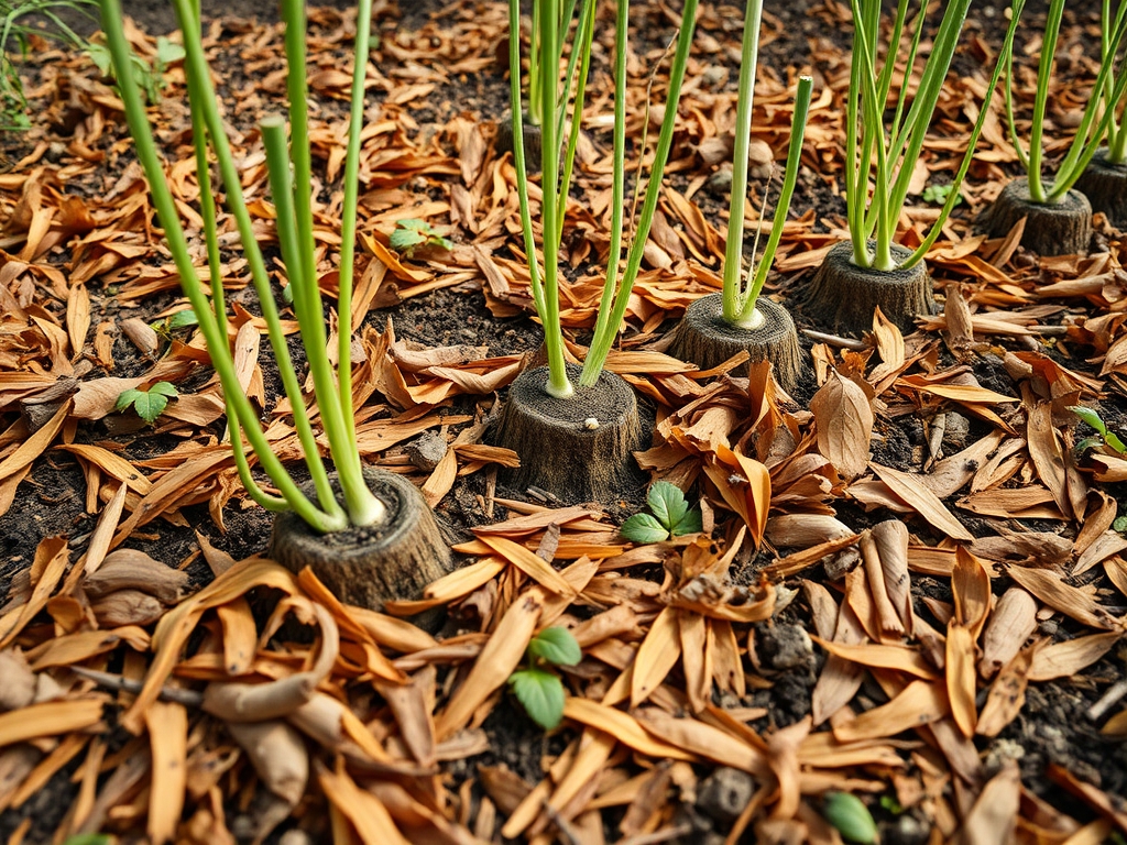 A garden bed with plants cut at soil level leaving root stumps, thickly blanketed with shredded autumn leaves, tidy triage not demolition, educational close view