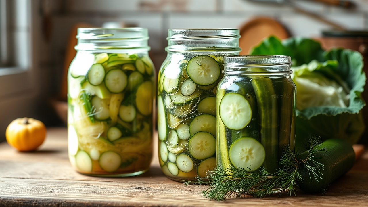 Glass jars of fermenting sauerkraut and cucumber pickles on a kitchen counter with fresh cabbage and dill nearby, warm light