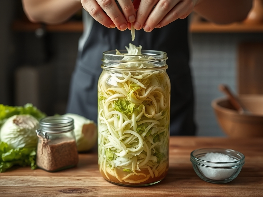 Hands pressing shredded cabbage into a glass jar with brine rising over it, small weight jar beside, cozy kitchen scene