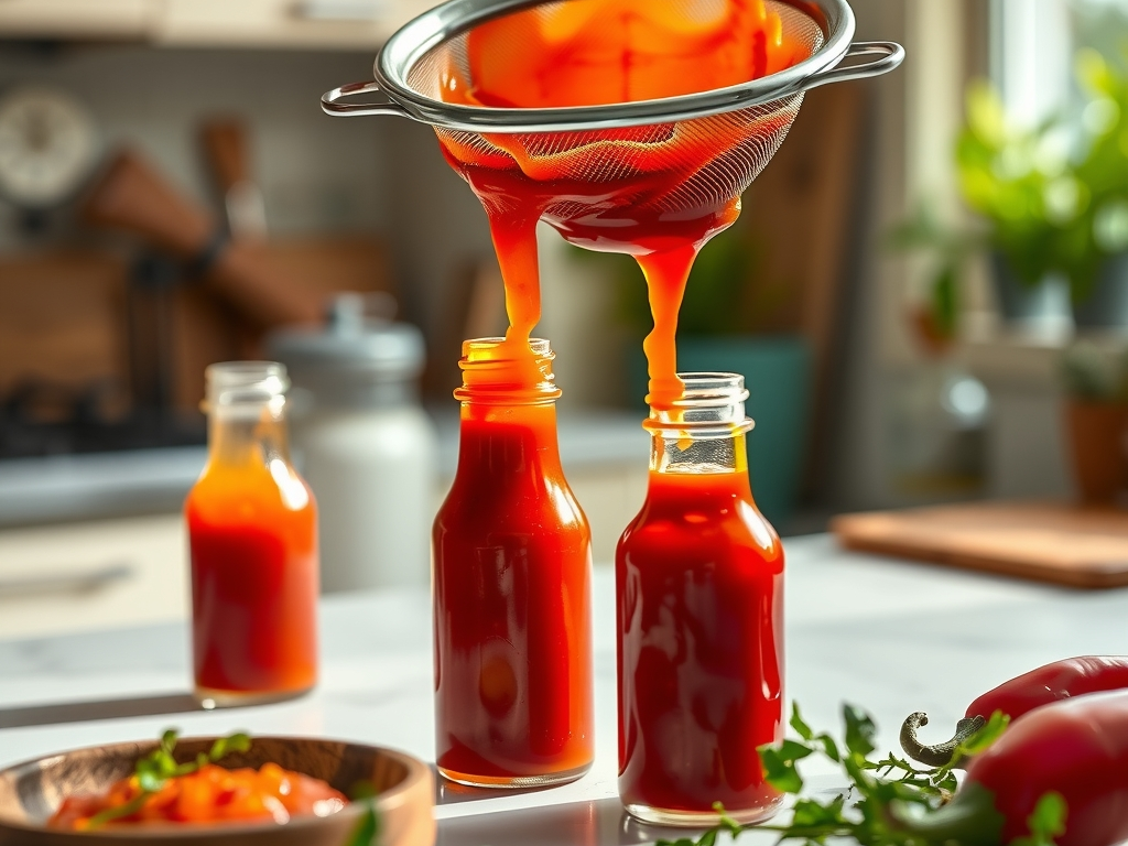 A blender jar of vivid red fermented pepper mash being poured through a strainer into small glass hot sauce bottles, finishing day, bright kitchen scene
