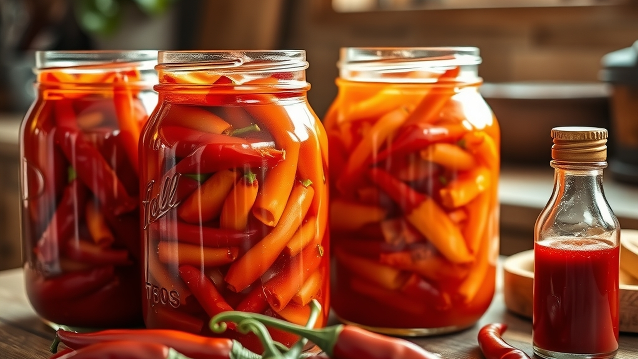 Glass jars of red and orange pepper mash fermenting on a wooden counter beside fresh chilies and a bottle of finished deep-red hot sauce, warm kitchen light