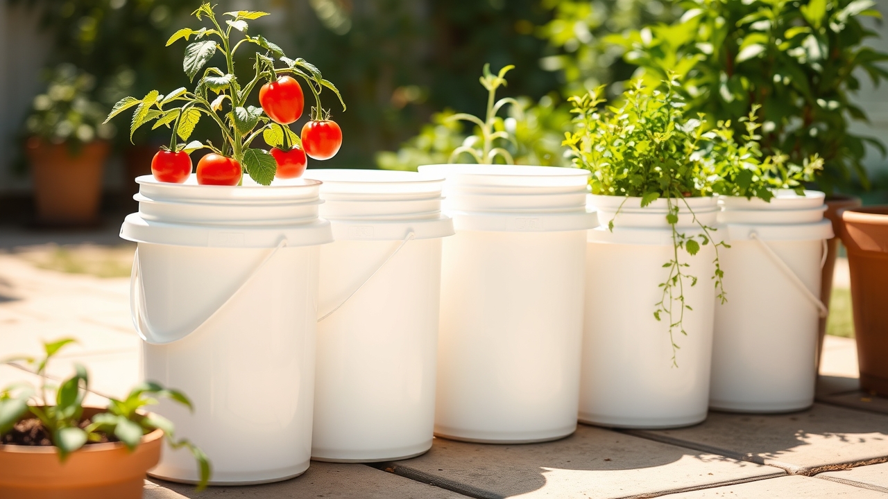 A row of five-gallon buckets on a sunny patio growing tomato, pepper and herb plants, cheerful budget garden scene