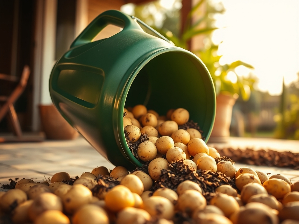 A five-gallon bucket tipped over spilling out fresh harvested potatoes onto a patio, satisfying harvest moment