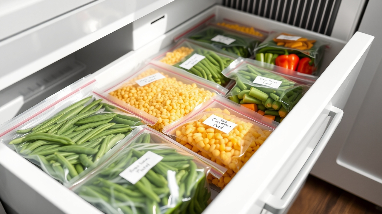 A chest freezer drawer neatly organized with labeled freezer bags of colorful blanched vegetables, tidy and satisfying
