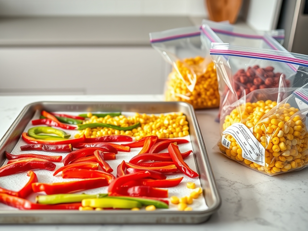 Sheet pan of individually frozen pepper strips and corn kernels being poured into labeled freezer bags, tray-freeze method