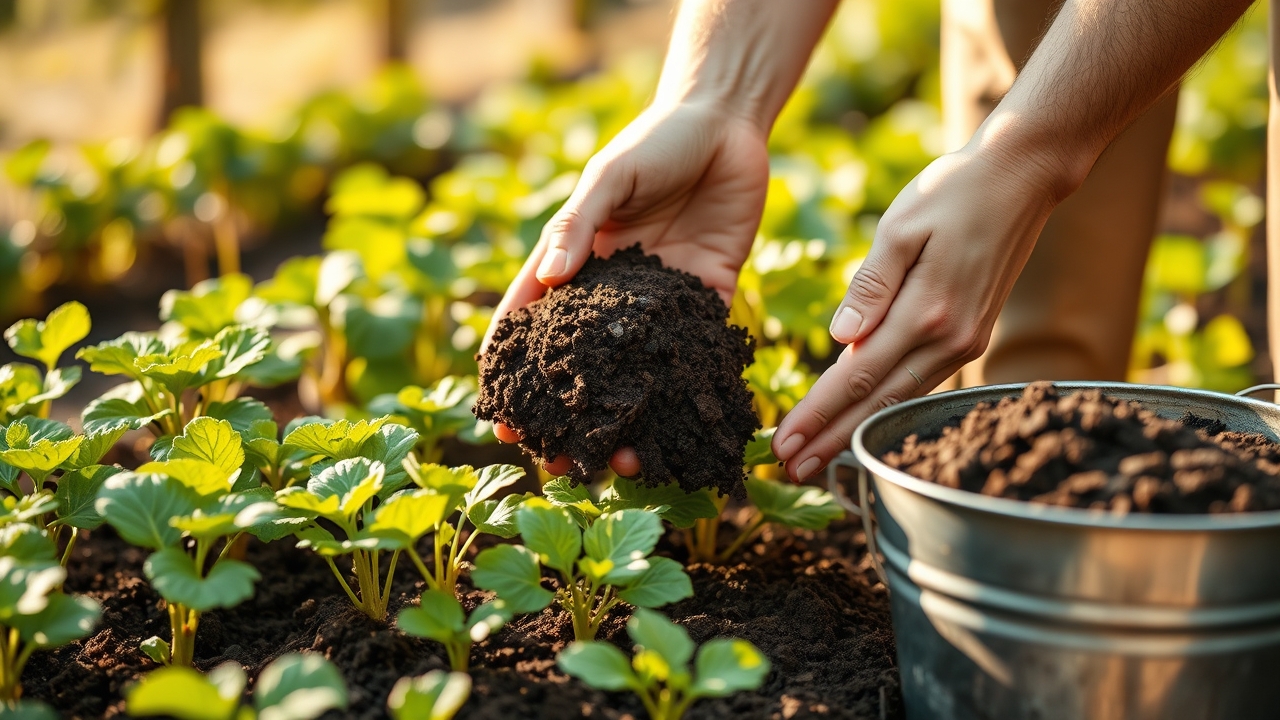 Hands spreading dark compost around young vegetable plants in a garden bed, with a bucket of compost nearby, honest organic feeding scene