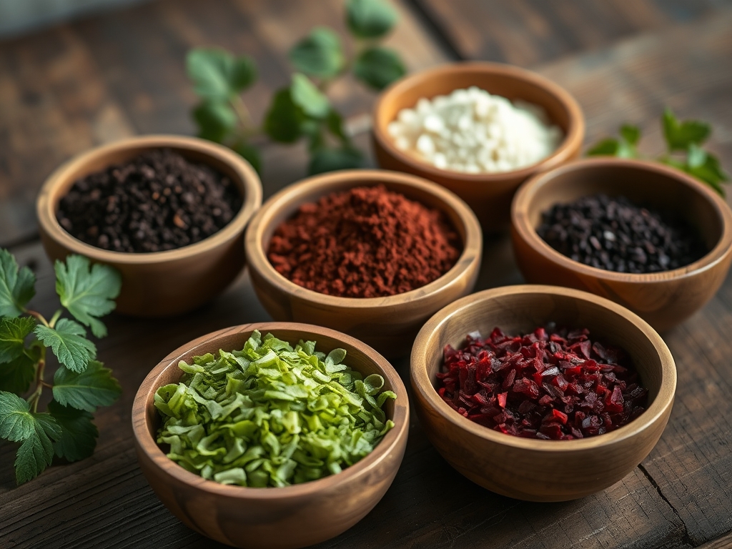 Small bowls of different organic fertilizers - dark compost, pale bone meal, dark blood meal, green kelp meal - arranged on a wooden garden table, educational comparison