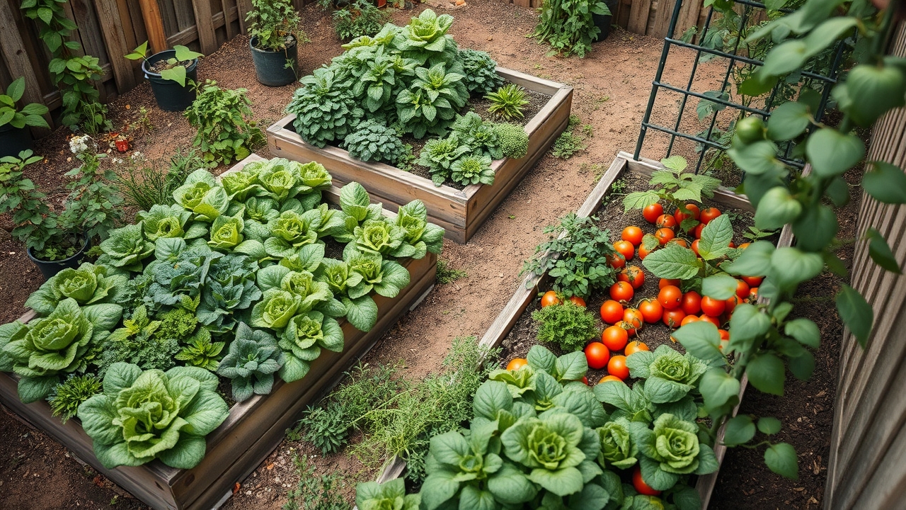 A productive small backyard food garden with closely planted raised beds and vertical climbing crops