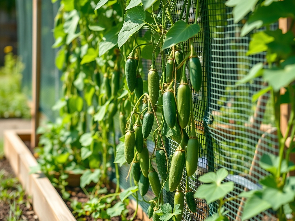 A vertical garden trellis with climbing beans and cucumbers growing up netting along a raised bed