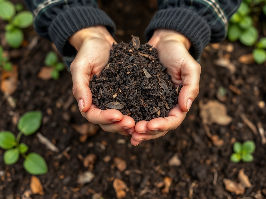 Hands holding dark crumbly finished leaf mold over a garden bed, fine forest-floor texture visible, rich soil conditioner close-up
