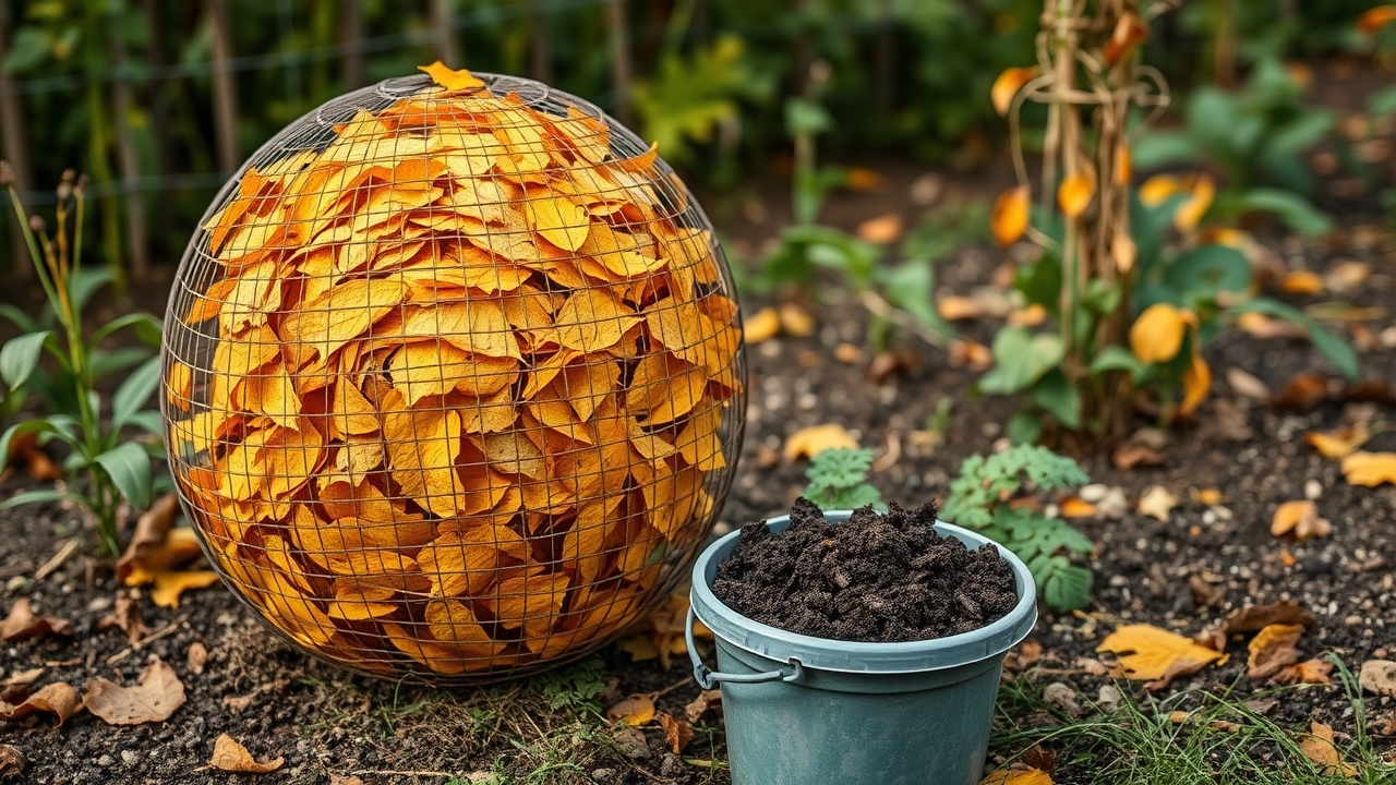 A simple round wire mesh cage full of autumn leaves beside a garden, with a bucket of dark crumbly finished leaf mold in front, honest homestead soil scene
