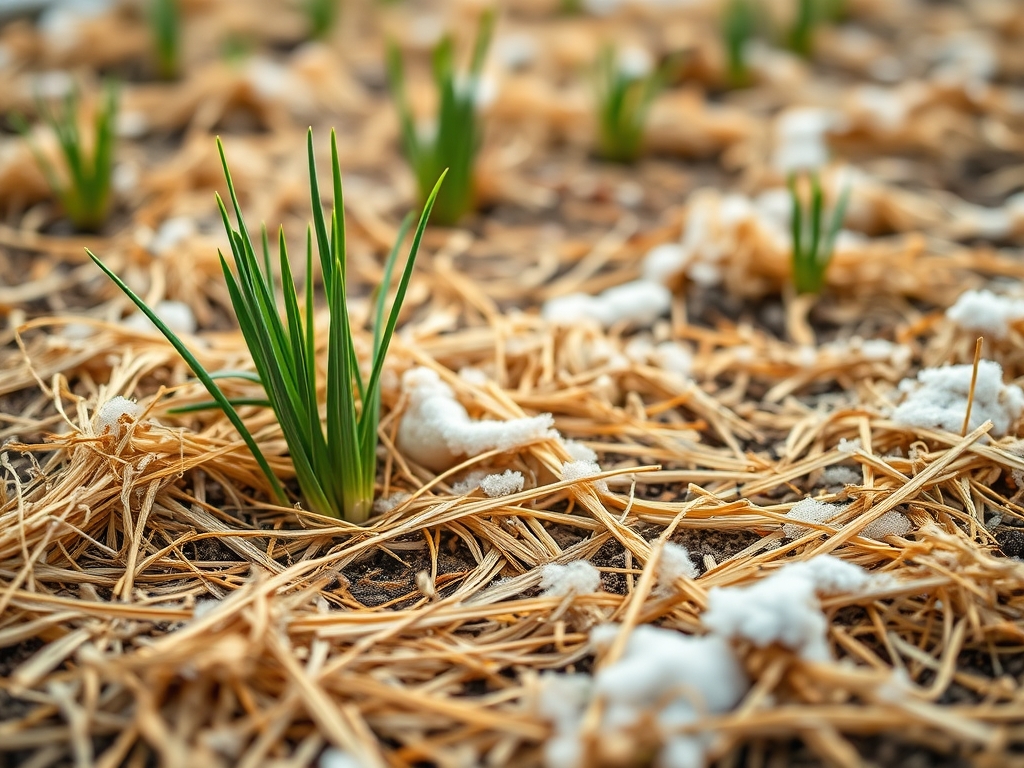 A garlic bed in early winter covered in straw mulch with a few green shoots poking through light snow, patient overwintering crop, quiet homestead scene